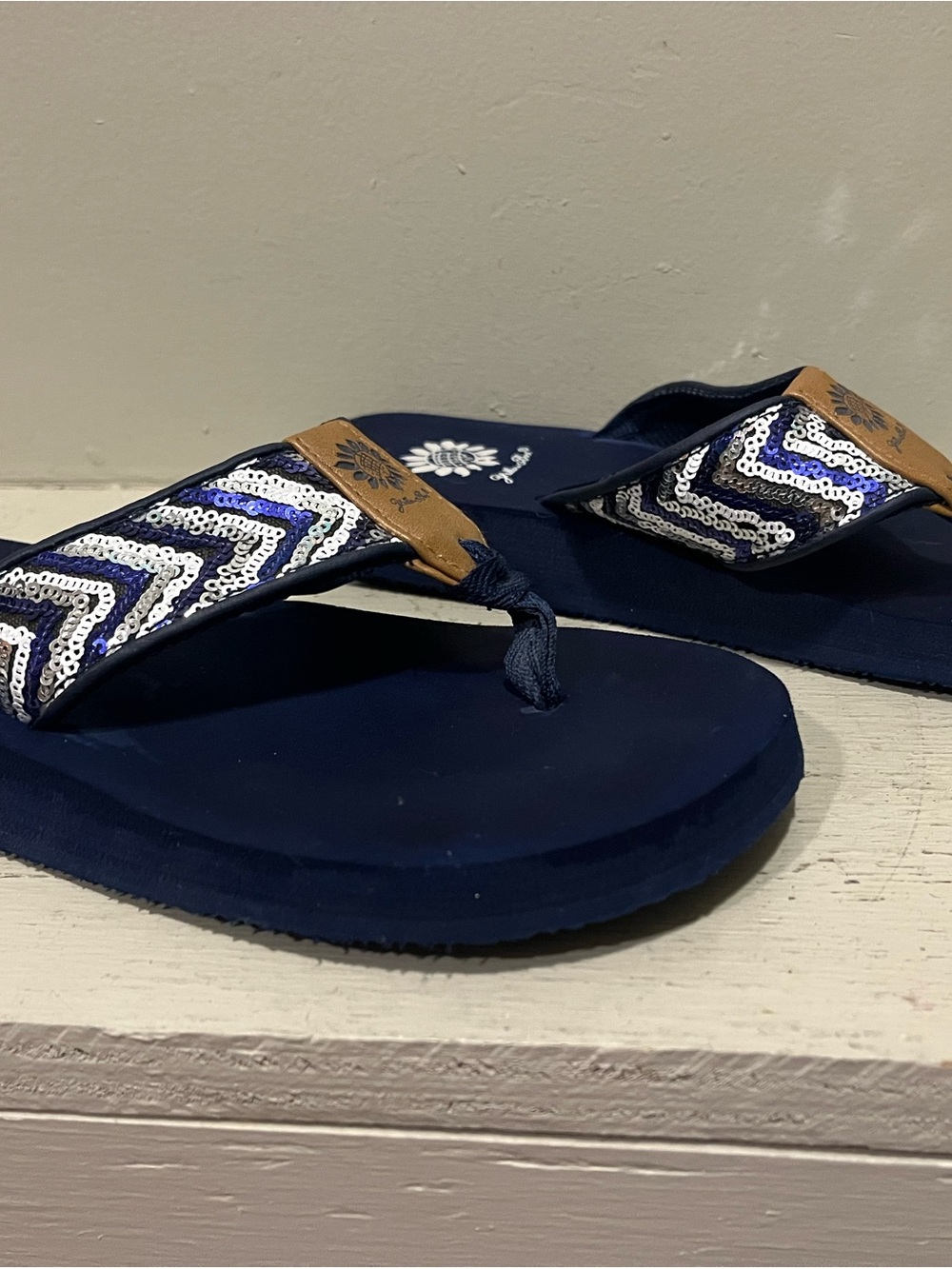 Yellow Box Navy and White Beaded Chevron Toe-Post Sandals - Picture 4 of 5